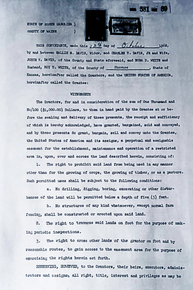 A 1962 deed grants the U.S. government an easement to land near Goldsboro, North Carolina, where a buried atomic weapon remains beneath the soil.