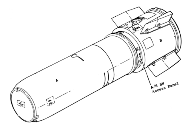 A diagram showing the external features of the Mk 39 nuclear bomb, labeling the warhead compartment as "A" and the parachute pack as "B," with details about the Arm/Safe Switch and arming rod compartments.