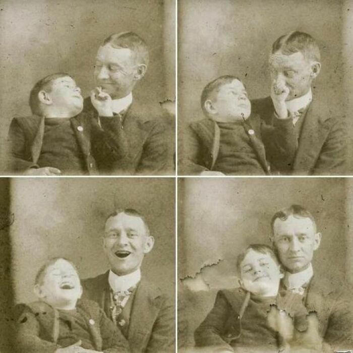 A father and son having a blast with silly photos, circa 1910s.