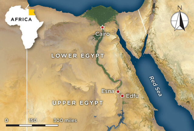 A map highlighting the locations of Esna and Edfu in Upper Egypt, emphasizing their historical importance.