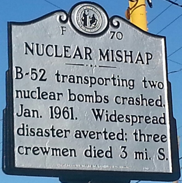 A road marker in Eureka, North Carolina, commemorates the 1961 B-52 crash and the accidental nuclear bomb drop.