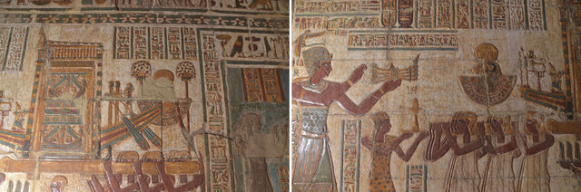 Along the temple’s procession route, scenes include a ritual honoring Khnum, with priests carrying his shrine on a solar boat, and Emperor Trajan presenting incense while a priest offers a potter’s wheel to Khnum.