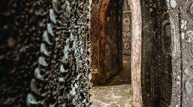 Another angle showing the expansive, shell-covered arches of the Grotto.
