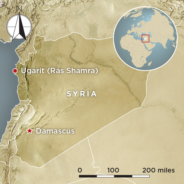Map showing the location of Ugarit (Ras Shamra) in Syria, with Damascus marked for reference.
