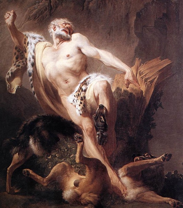 Milo’s death depicted in art – A painting showing the tragic demise of Milo of Croton, as he was trapped by a tree trunk and eventually devoured by wolves.
