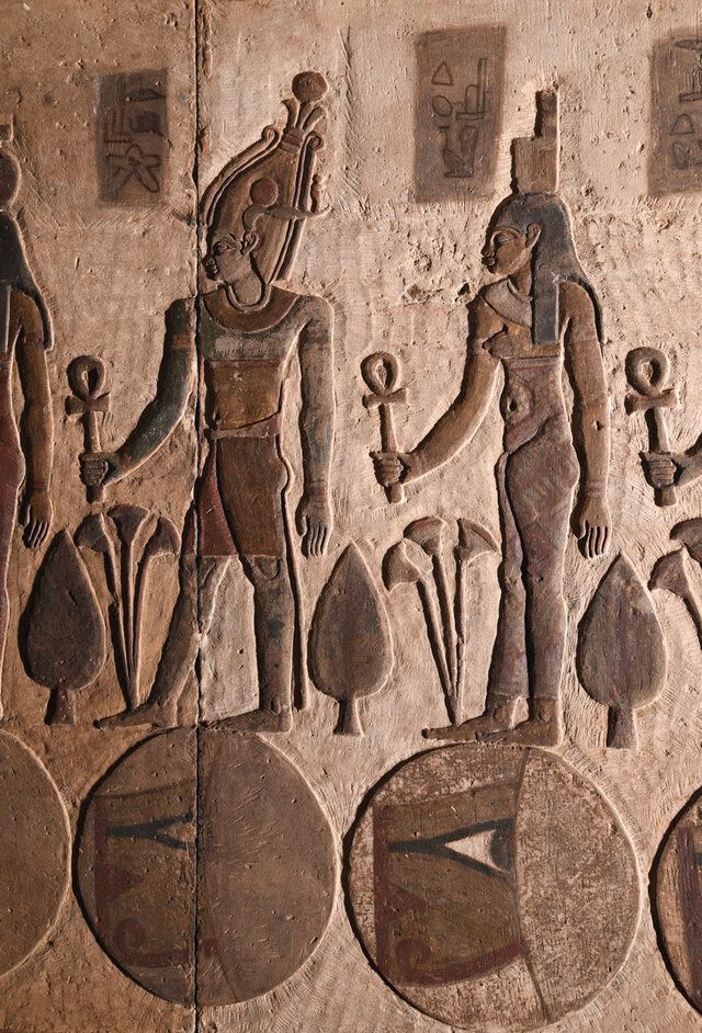 One part of the ceiling features moon deities standing on disks, with images of the Wadjet eye, or Eye of Horus, growing larger as the moon waxes.
