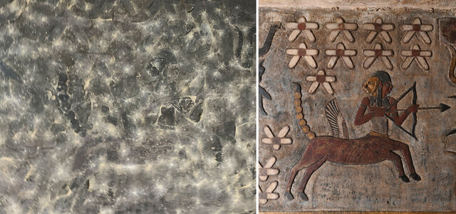 One zodiac sign that emerged from the restoration process is Sagittarius, shown both before (left) and after (right) the cleaning.