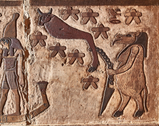 Some deities on the ceiling are personifications of celestial bodies, such as a hippopotamus goddess who holds a chain wrapped around a bull’s leg, symbolizing the Big Dipper, personified by Seth, the god of chaos.
