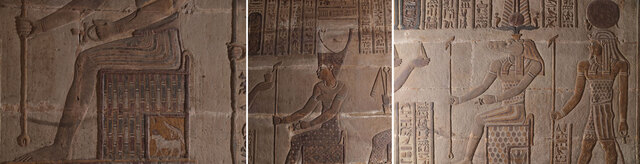 The walls of the entrance hall are adorned with images of several gods, including Khnum seated on a throne with a ram and solar disk at his feet, Neith, the creator goddess, and her sons, Shemanefer and Tutu.