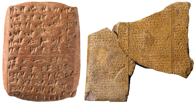 Among the clay tablets found in Ugarit is a letter (left) from a Beirut royal aide informing the Ugaritic king of a wood shipment, alongside a tablet (right) written in alphabetic cuneiform that narrates the myth of Baal’s death and resurrection. (RMN-Grand Palais/Art Resource, NY)