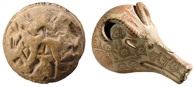 Ugarit also yielded objects from the wider eastern Mediterranean, including a seal (left) inscribed in the Hittite language, highlighting the city's political ties to the empire, and a Mycenaean ceramic vessel (right) shaped like an animal head, imported from Greece. (left: RMN-Grand Palais/Art Resource; right: Erich Lessing/Art Resource)
