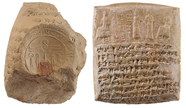 Clay tablets uncovered in Ugarit reveal a letter (left) from the Hittite King Tudhaliya IV to his Ugaritic counterpart, detailing horse shipments and sealed with a royal emblem. Also discovered is a legal text (right) written in Mesopotamian cuneiform from the reign of King Niqmaddu II. (RMN-Grand Palais/Art Resource, NY)
