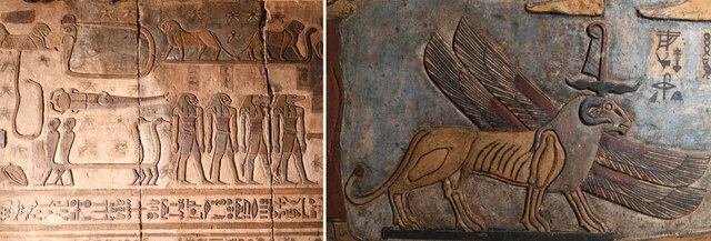 The hall's ceiling is decorated with mythical creatures representing constellations and natural forces, such as a hybrid eight-legged human-figure with goose and human heads, labeled “the two geese of Ra,” and a winged lion with a ram’s head symbolizing the south wind.