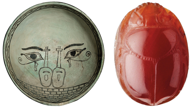 Objects from across the eastern Mediterranean discovered in Ugarit include an Egyptian-themed bowl (left) found in the city’s harbor and a carnelian scarab (right) imported from Egypt. (left: Erich Lessing/Art Resource, NY; right: RMN-Grand Palais/Art Resource, NY)